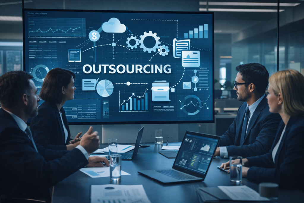 Reunião entre CEO e CFO a respeito de outsourcing