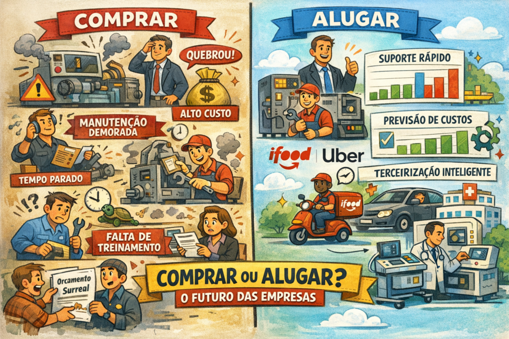 telaba comparativa entre comprar e alugar máquinas buscando enfatizar os problemas que esa decisao trás, explicando as principais vantagens do outsourcing de equipamentos