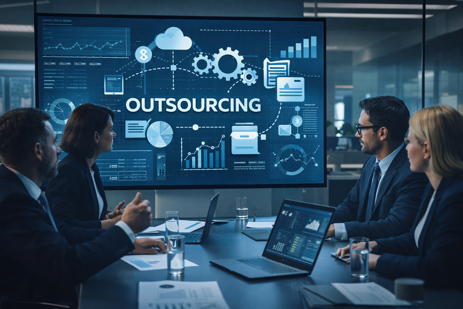 Reunião entre CEO e CFO a respeito de outsourcing