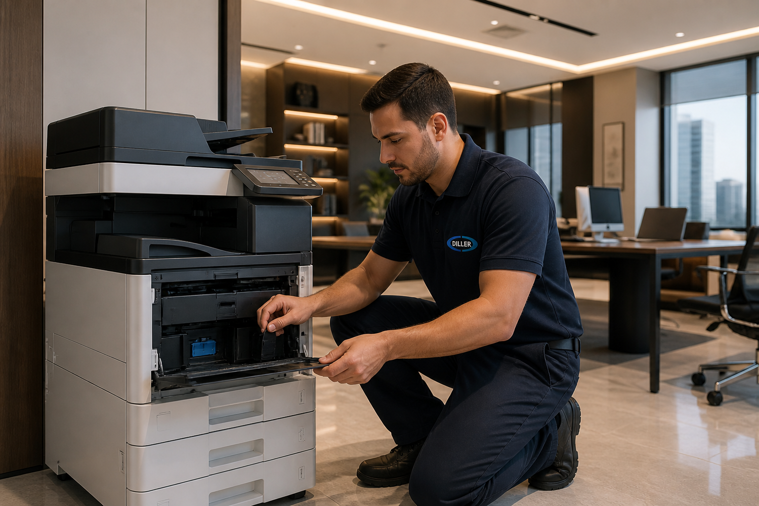 Técnico realizando instalação de impressora multifuncional em escritório corporativo moderno, serviço de aluguel de impressora