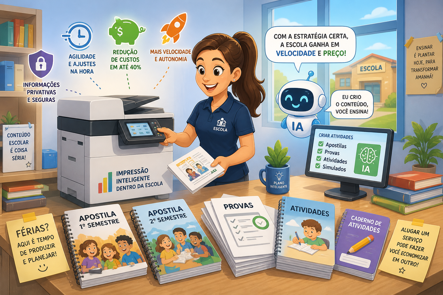 Ilustração de secretária escolar utilizando impressora colorida multifuncional para produzir apostilas, provas e atividades internas com apoio de tecnologia e inteligência artificial
