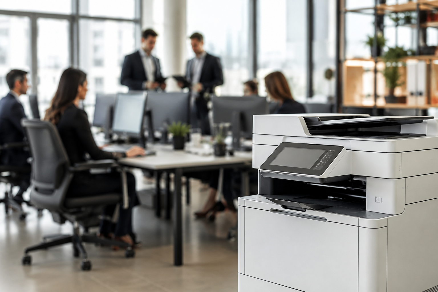 Impressora corporativa em escritório moderno de outsourcing com equipe trabalhando ao fundo
